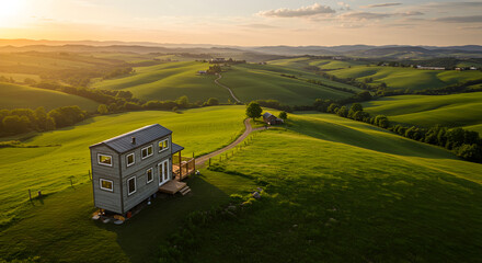 Idyllic Tiny Home Nestled Amidst Rolling Green Hills At Golden Hour