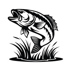 Black Silhouette of Jumping Bass Fish Over Water Grass in the Pond on White Background