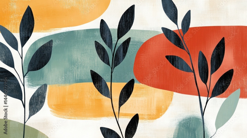 Poster abstract botanical art featuring dark leaves and colorful backgrounds