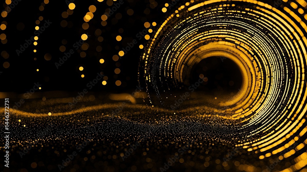 Poster abstract composition featuring concentric circles and falling golden lights