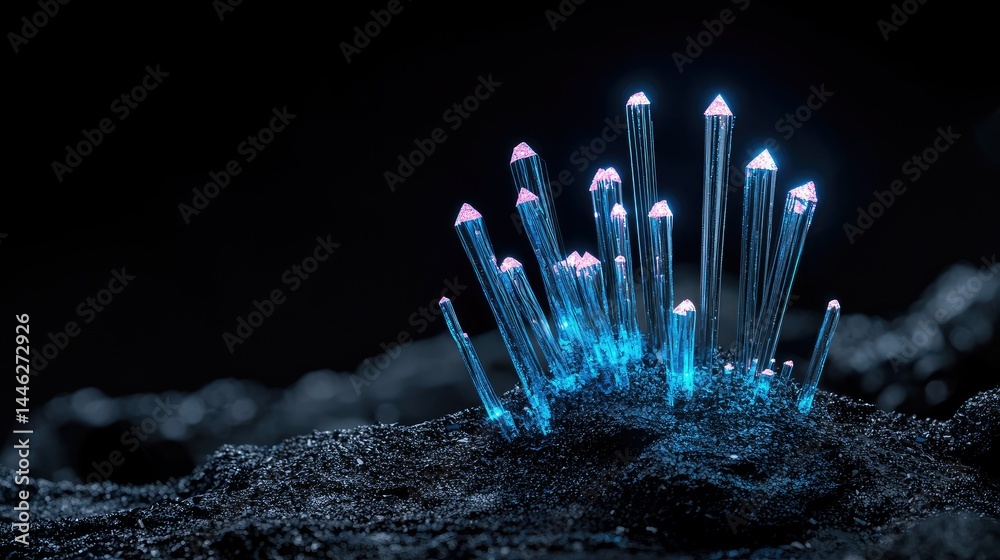Poster Blue crystalline structures erupting from dark granular surface in artistic rendering
