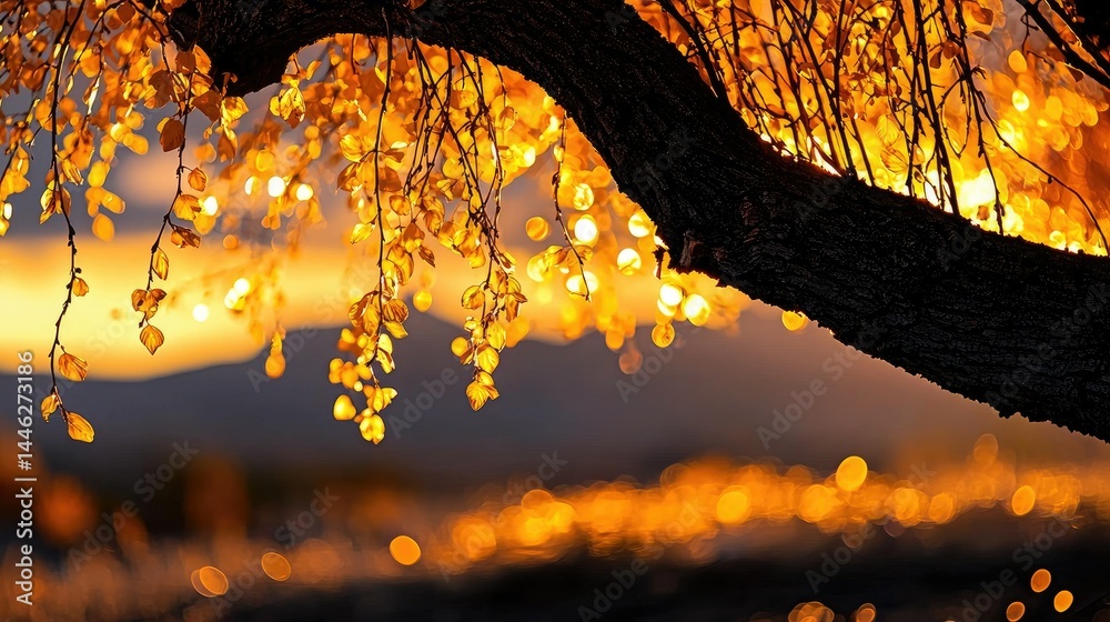 Poster beautiful image of leaves with orange color on a tree branch
