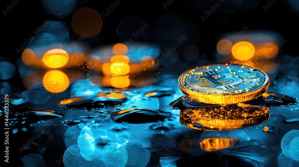 Poster a shiny digital currency coin rests in water with illuminated reflections
