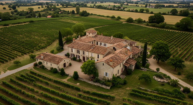 Aerial View Of A Luxurious Vineyard Estate In The French Countryside