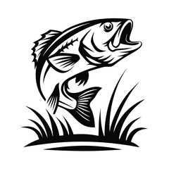 Jumping Largemouth Bass Silhouette, Open Mouth, Black And White Fish Illustration, Grass