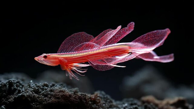 Exotic reddish threadfin fish swims gracefully near the seabed, showcasing its distinctive fins and unique features in dark underwater environment.
