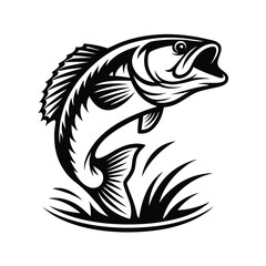 Jumping Largemouth Bass Silhouette Isolated on White Background Design