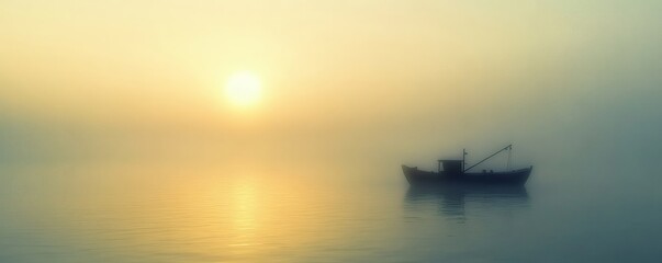 Obraz premium A small wooden fishing boat sits on calm foggy water