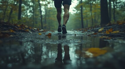 Running Through a Rainy Forest Path with Reflections in Puddles