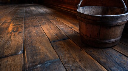 Wooden floor with a rustic bucket in the foreground, showcasing warm tones and textures