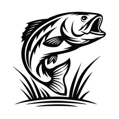 Leaping Largemouth Bass Fish Monochrome of a Jumping Fish over Water Grass
