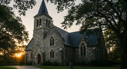 Naklejka premium Historic Stone Church at Sunset Surrounded By Lush Greenery And Trees