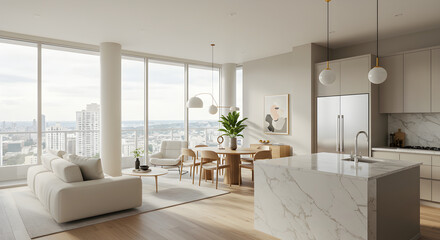 Fototapeta premium Serene Interior Design Featuring Modern Apartment With City Skyline View