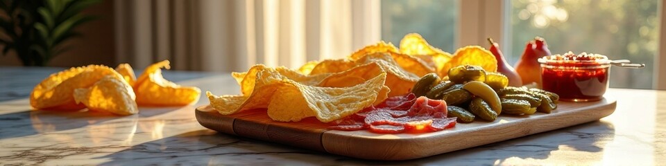 Variety of snacks on wooden board near sunlit window