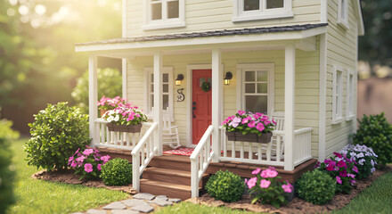 Charming Miniature House With Flowers On Porch And Lush Green Garden