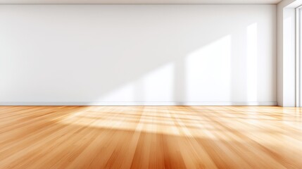 Bright and spacious empty room with wooden flooring, sunlight streaming through windows