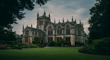 Obraz premium Magnificent Gothic Architecture With Lush Garden Under Dramatic Sky