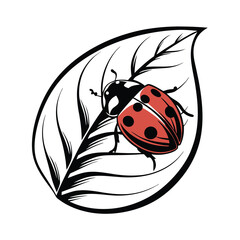 Classic Ladybug with Red Shell and Black Spots on a Stylized Leaf Clean