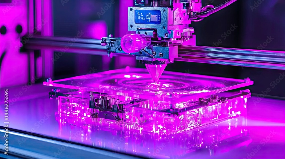 Poster A three dimensional printer building an object with glowing purple light