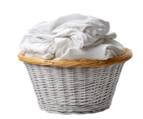 White clothes in a stylish wicker laundry basket on home wash tidy neat on transparent background