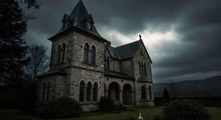 Eerie Old Mansion Beneath Ominous Clouds with a Spooky Atmosphere