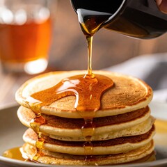 Stack of fluffy pancakes with maple syrup pouring down in warm morning light