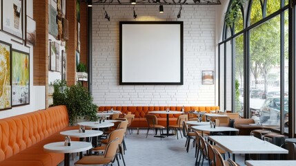 Interior of a well lit restaurant with orange seating