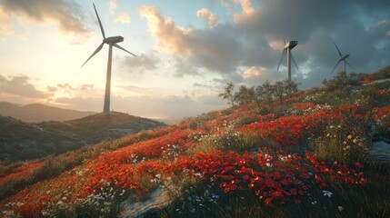 Wind turbines stand atop a poppy filled hillside at sunset