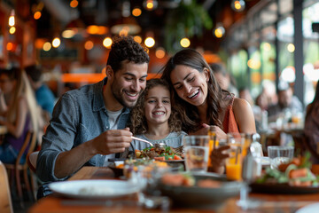 Joyful family savoring one delicious meal together at one vibrant and lively restaurant, filled with laughter, love, and togetherness, creating unforgettable memories and cherishing each moment spent 