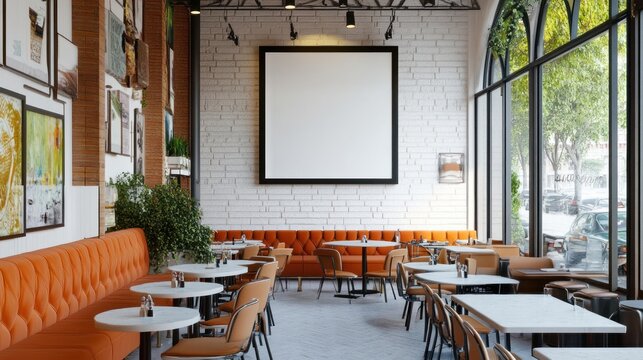 Interior of a well lit restaurant with orange seating