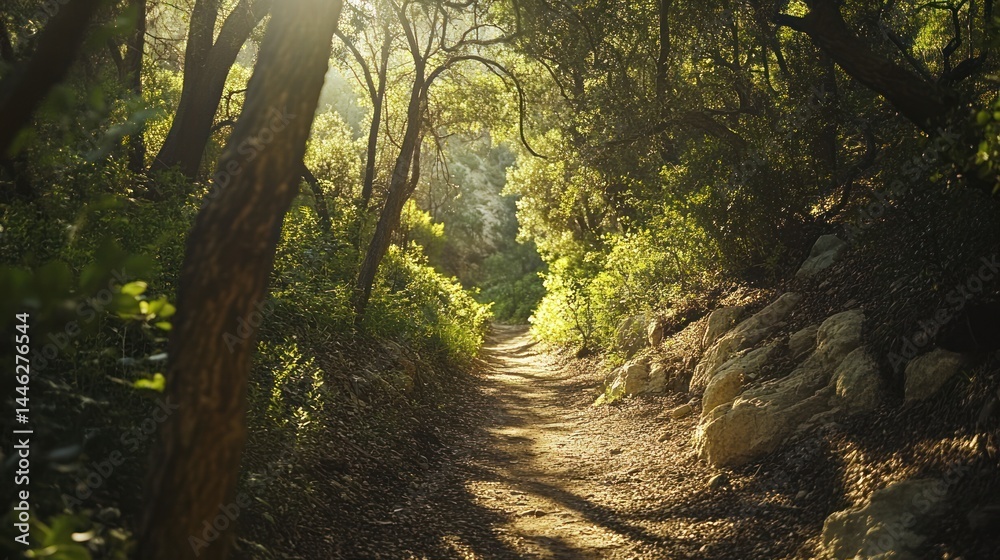 Poster light shines through trees onto a forest path