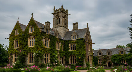 Magnificent Stone Mansion Facade Covered with Lush Green Vines and Floral Gardens
