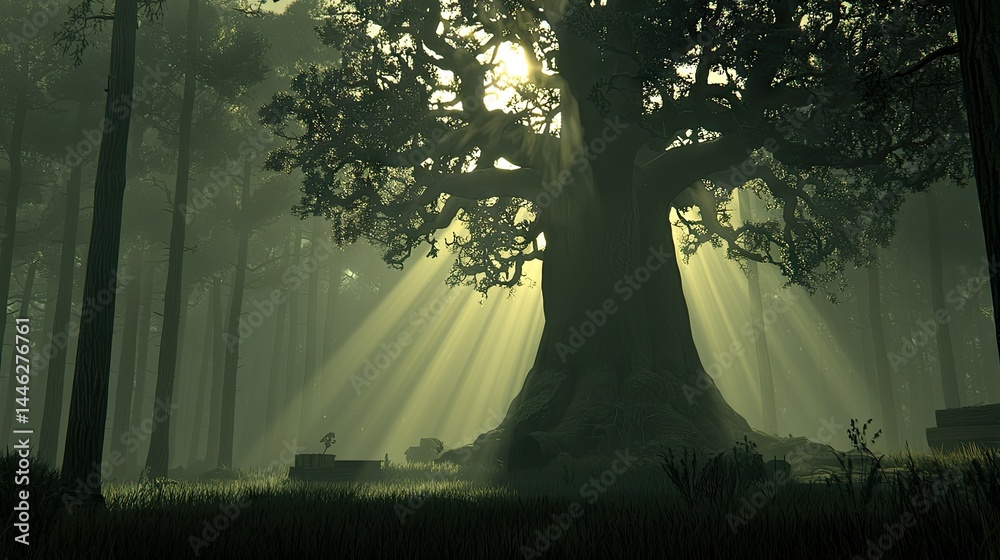 Poster a large tree stands illuminated in a misty forest clearing