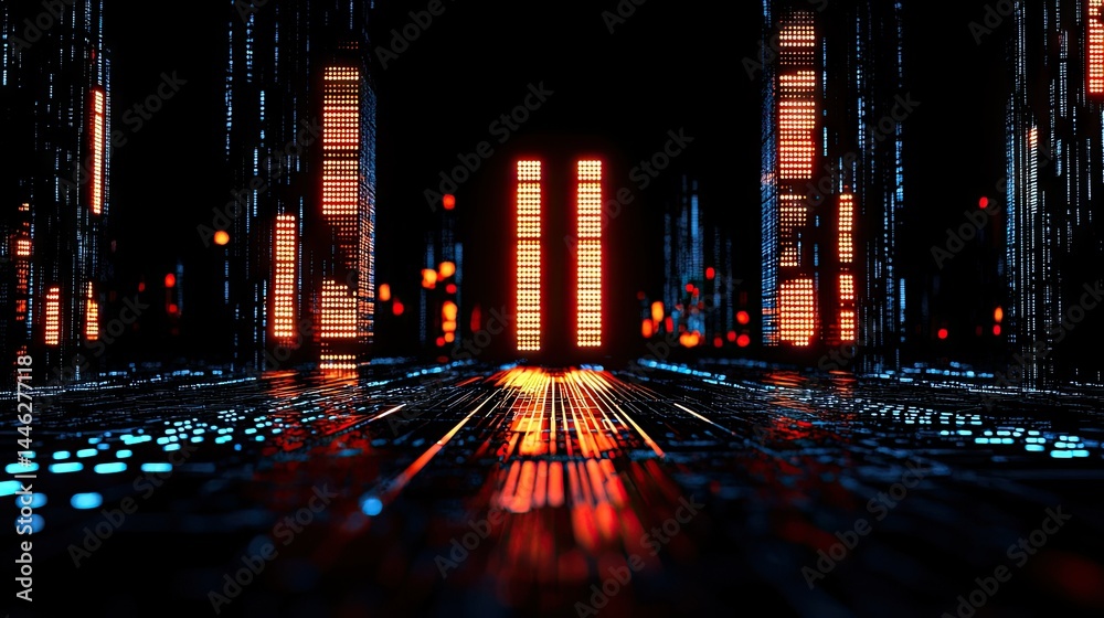 Poster Futuristic cityscape representing technology and digital structures in the dark