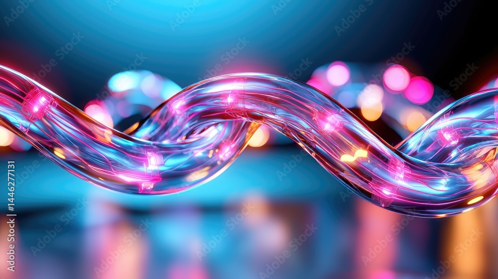 Poster a shiny abstract swirling structure with vibrant colorful glowing lights