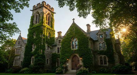 Historic Stone Chapel With Ivy Covered Facade and Tower Sunlight