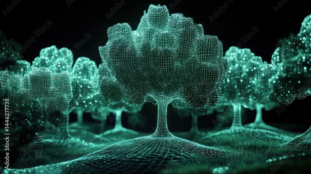 Poster luminous digital trees form a glowing ethereal forest scene
