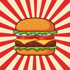 Flat vector illustration of a fast food hamburger. Perfect for menus, food blogs, and design projects needing a clean, modern style