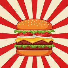 Flat vector illustration of a fast food hamburger. Perfect for menus, food blogs, and design projects needing a clean, modern style
