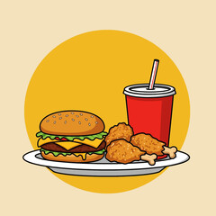 Flat vector illustration of a classic fast food combo on a plate. Features a juicy burger, crispy fried chicken, and a refreshing drink. Ideal for food apps and design projects