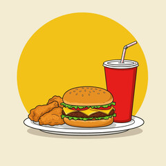Flat vector illustration of a classic fast food combo on a plate. Features a juicy burger, crispy fried chicken, and a refreshing drink. Ideal for food apps and design projects