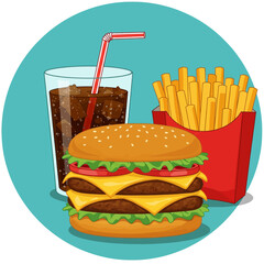 Flat style vector illustration of a classic fast food combo: burger, fries, and soda. Clean, modern design for menus and graphics