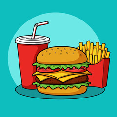 Flat style vector illustration of a classic fast food combo: burger, fries, and soda. Clean, modern design for menus and graphics