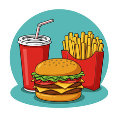 Flat style vector illustration of a classic fast food combo: burger, fries, and soda. Clean, modern design for menus and graphics