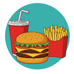 Flat style vector illustration of a classic fast food combo: burger, fries, and soda. Clean, modern design for menus and graphics
