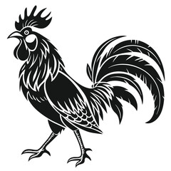 Monochrome Rooster Walking Isolated, Black Silhouette on White Background, Farming Bird