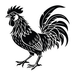 Elegant Rooster with Intricate Feather Detail in Black Silhouette on White