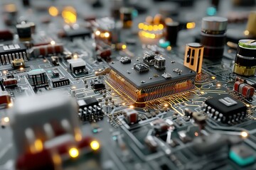 Close-up of a complex electronic motherboard with chip, circuit, transistors, and other components for computer technology