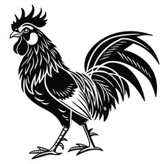Striking Black Rooster Illustration, Detailed Plumage, Proud Stance, Isolated on White