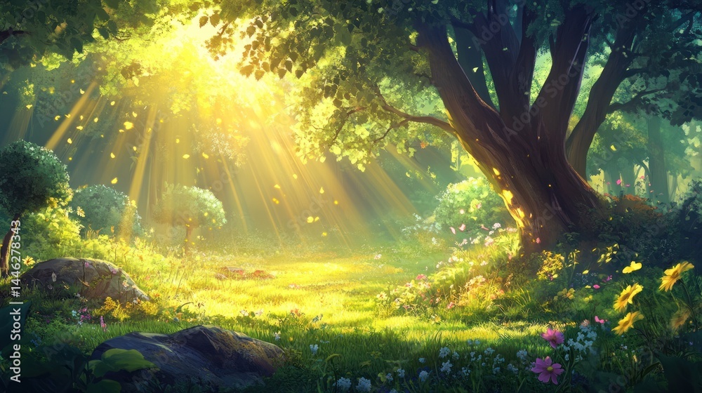 Aufkleber sunlight streams through the enchanted forest illuminating the meadow